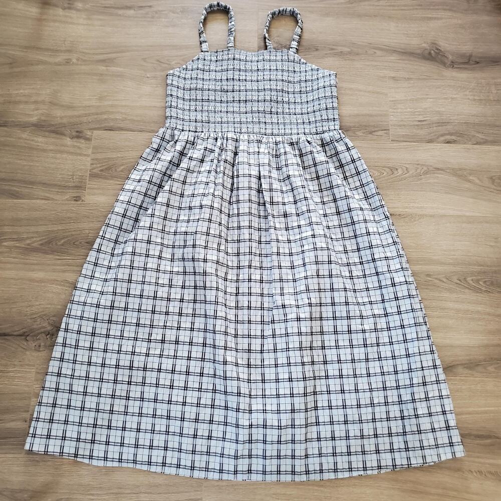 J Crew Dress Womens 2X Blue Plaid Smocked Bodice Sleeveless Midi Summer BG455